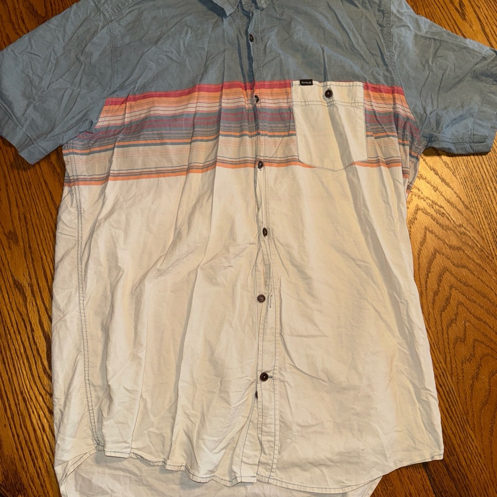Hurley Short-Sleeve Button-Down Shirt in Light Blue, White & Coral Stripe